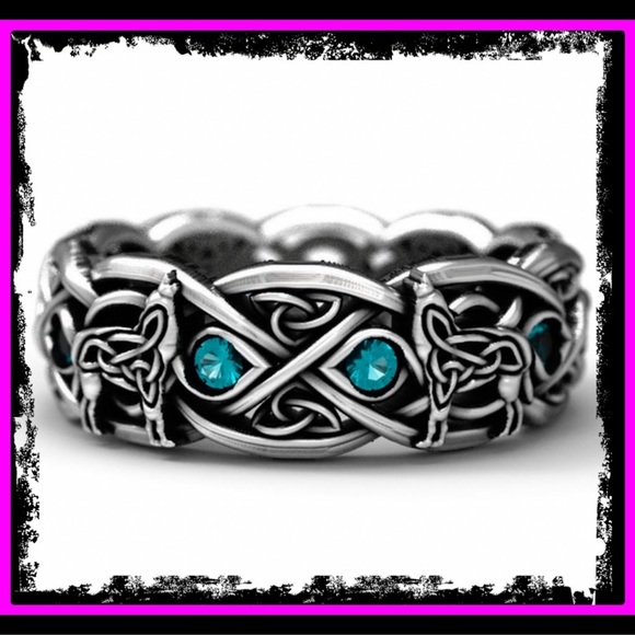 925 Sterling Silver Blue Topaz Celtic Wolf Ring - Picture 2 of 14